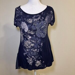 BLEU Navy Floral Sequin Mesh Tee Sheer Layered Semi-Sheer Top